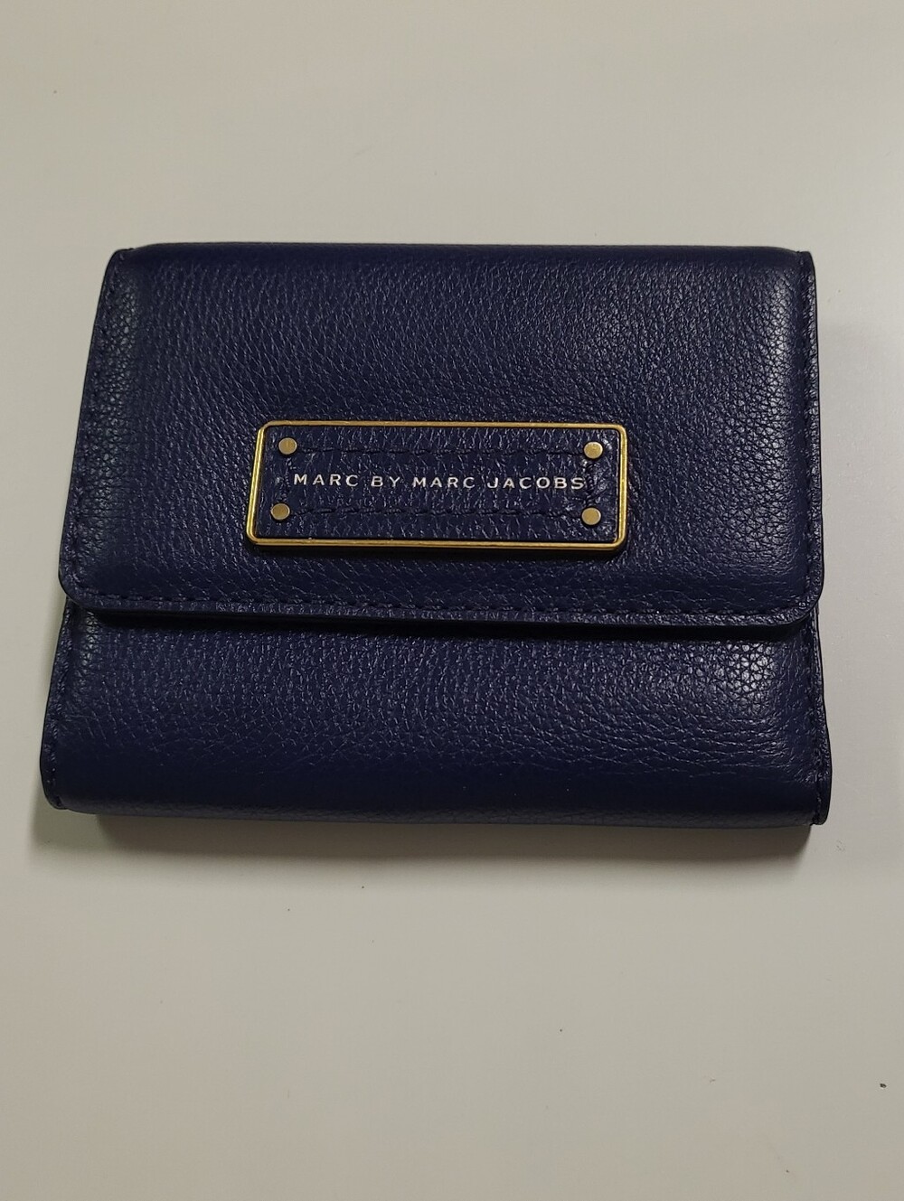 Marc by Marc Jacobs Deep Navy Trifold  Leather Wallet with Gold Plaque